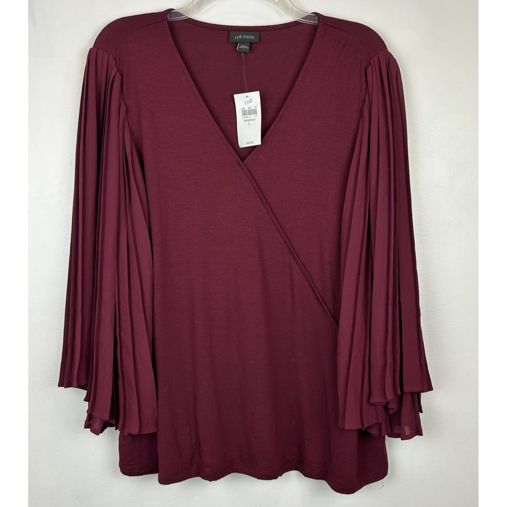 JJill Wearever Top Women L Pleated Stretch Faux Wrap Bordeaux Travel New Comfort